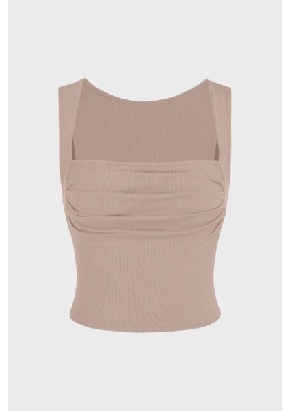 Kadın Drape Kare Yaka Bluz Brown