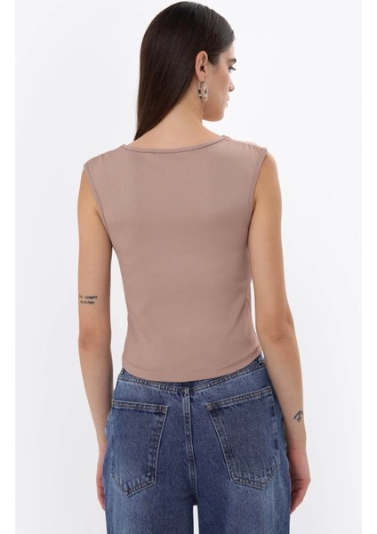 Kadın Drape Kare Yaka Bluz Brown