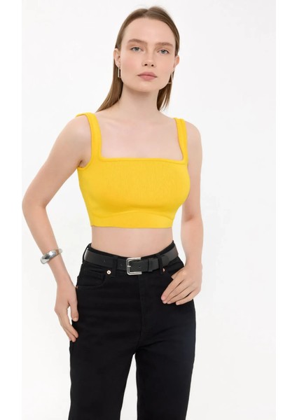 Kadın Kare Yaka Kolsuz Crop Top Yellow