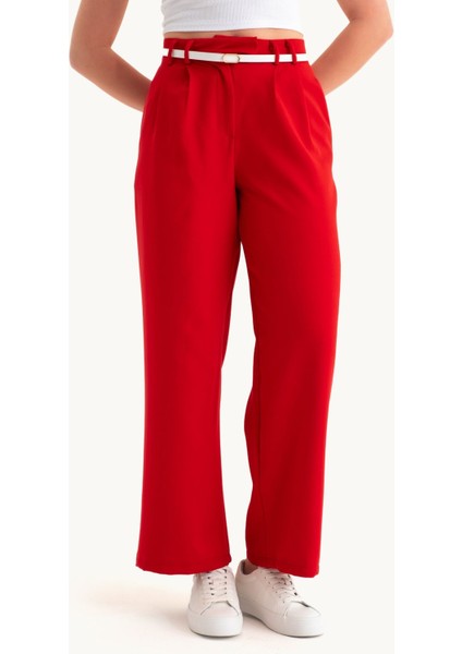 Kadın Kemerli Yüksek Bel Havuç Kesim Pantolon Red