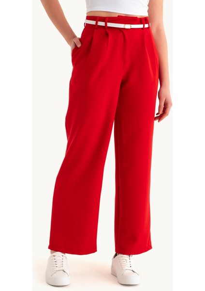 Kadın Kemerli Yüksek Bel Havuç Kesim Pantolon Red