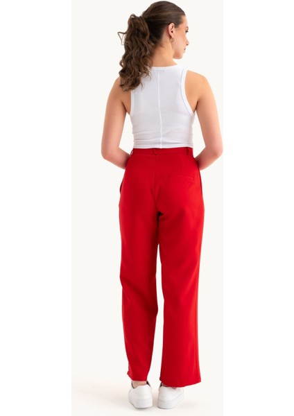 Kadın Kemerli Yüksek Bel Havuç Kesim Pantolon Red