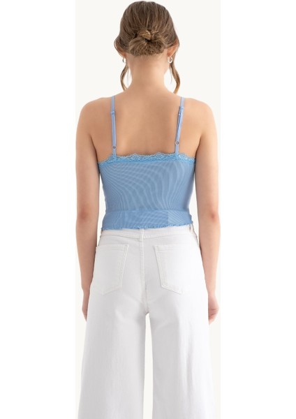 Kadın Dantel Detaylı V Yaka Kırpılmış Tank Top Blue