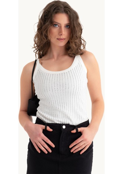 Kadın Beyaz Yuvarlak Yaka Ribana Atlet Beyaz