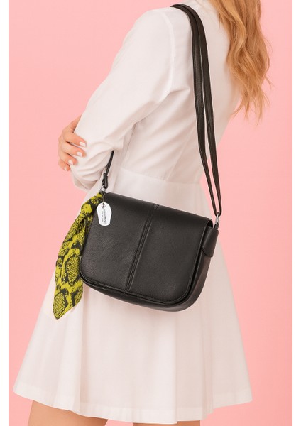 Hakiki Deri Siyah Premium Şallı Kapaklı Çapraz ve Omuz Çantası