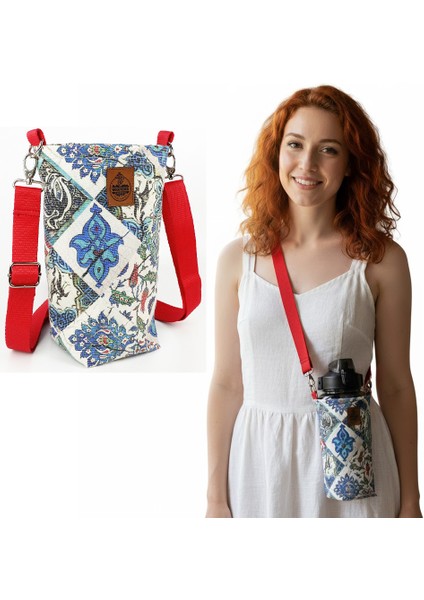 2 Litrelik Çini Desenli Matara Termos Kılıfı - Kırmızı Askılı