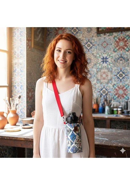 2 Litrelik Çini Desenli Matara Termos Kılıfı - Kırmızı Askılı indirimleri