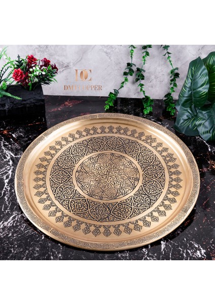 Dmt Gaziantep Sarı Bakır 35 cm Osmanlı El Işi Sunum Gold Tepsi Kına Tepsisi 35 cm