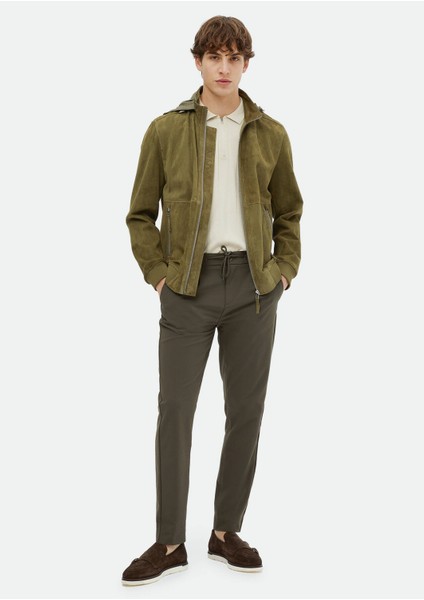 Haki Regular Fit Dik Yaka Casual Süet Deri Mont