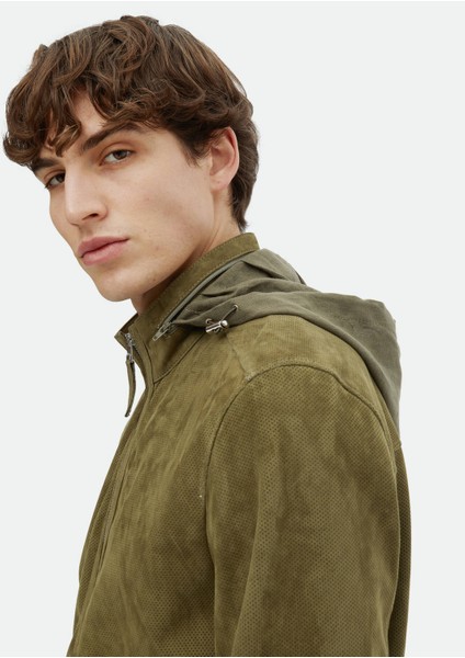 Haki Regular Fit Dik Yaka Casual Süet Deri Mont