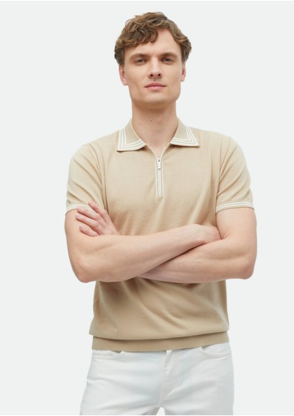 Bej Polo Yaka Düz Örgü %100 Pamuk Triko