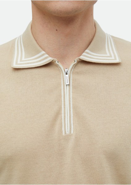 Bej Polo Yaka Düz Örgü %100 Pamuk Triko