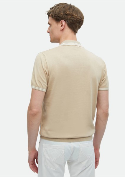 Bej Polo Yaka Düz Örgü %100 Pamuk Triko