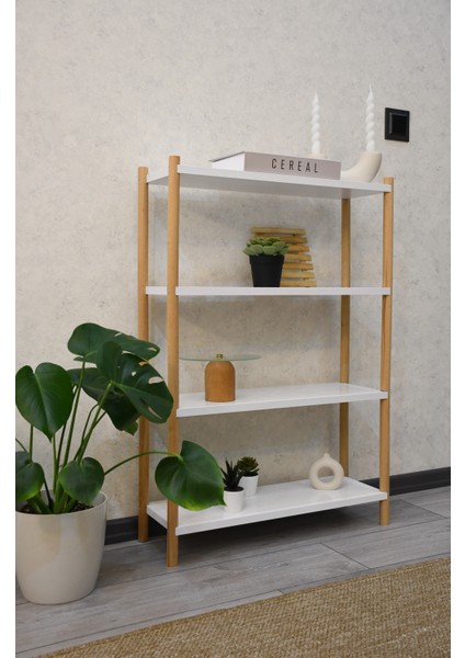Beyaz Ahşap 4 Raflı Çiçeklik, Saksılık, Çiçek Standı, Dekoratif Raf , Çok Amaçlı Kullanım