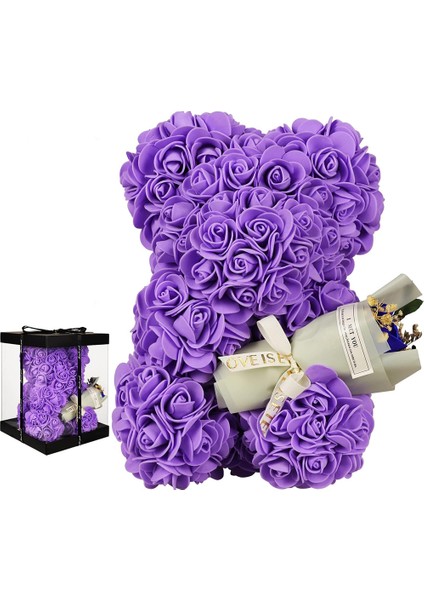 Mor Gül Şeklinde Yapay Çiçeklerden Ayıcık ve Mini Buket Hediyelik Seti – Özel Hediye Kutusunda