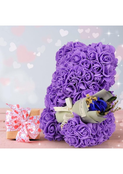 Mor Gül Şeklinde Yapay Çiçeklerden Ayıcık ve Mini Buket Hediyelik Seti – Özel Hediye Kutusunda fiyatları