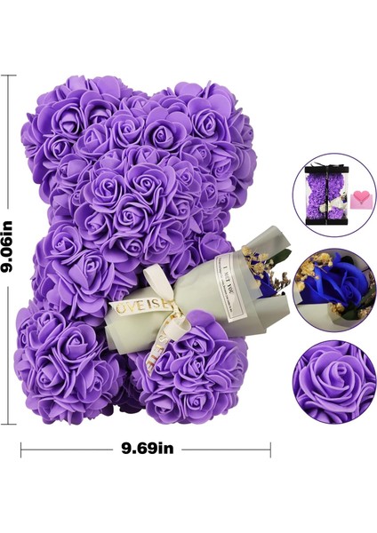Mor Gül Şeklinde Yapay Çiçeklerden Ayıcık ve Mini Buket Hediyelik Seti – Özel Hediye Kutusunda modelleri