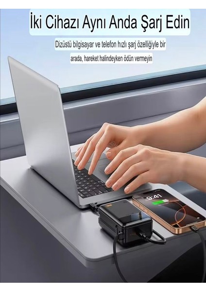 20000mAh 65W Hızlı Şarj Dijital göstergeli Type-C Kablolu/Girişli Askılı Powerbank - Siyah modelleri