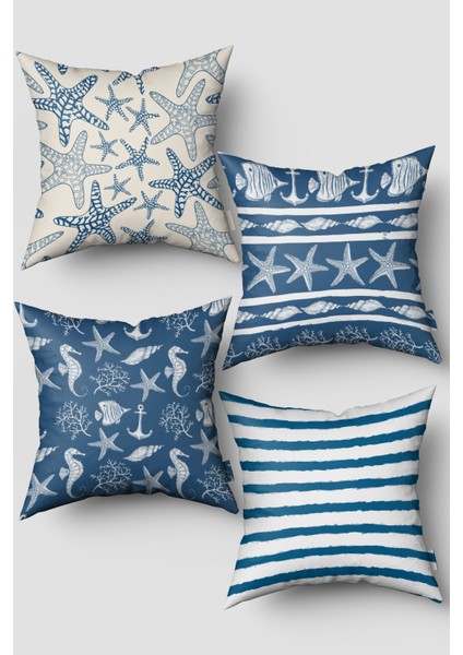 Mavi Marin Temalı Deniz Yıldızı Desenli 4'lü Kırlent Kılıfı Seti