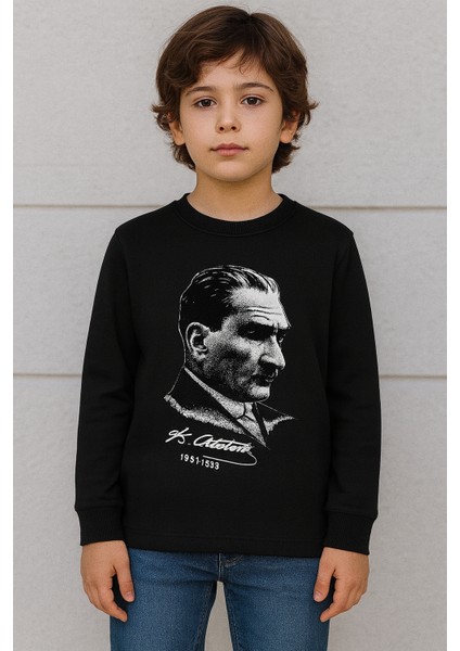 Atatürk Portre Baskılı Siyah Uzun Kollu Çocuk Tişört | %100 Pamuk | 6-12 Yaş