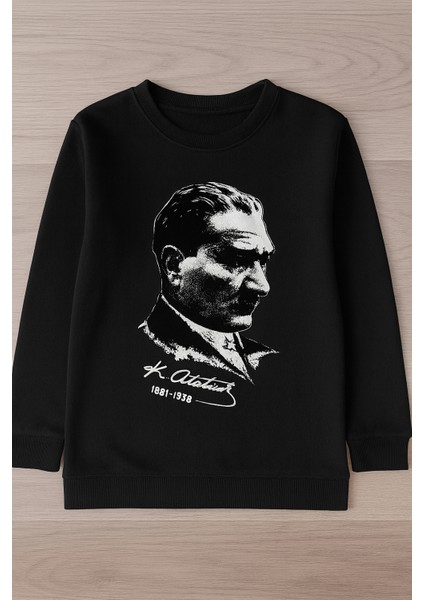 Atatürk Portre Baskılı Siyah Uzun Kollu Çocuk Tişört | %100 Pamuk | 6-12 Yaş fiyatları