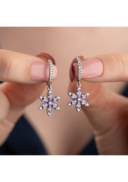 925 Ayar Gümüş Mor Taşlı Çiçek Küpe