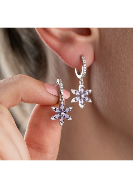 925 Ayar Gümüş Mor Taşlı Çiçek Küpe modelleri