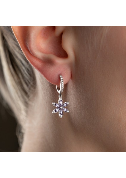 925 Ayar Gümüş Mor Taşlı Çiçek Küpe indirimleri