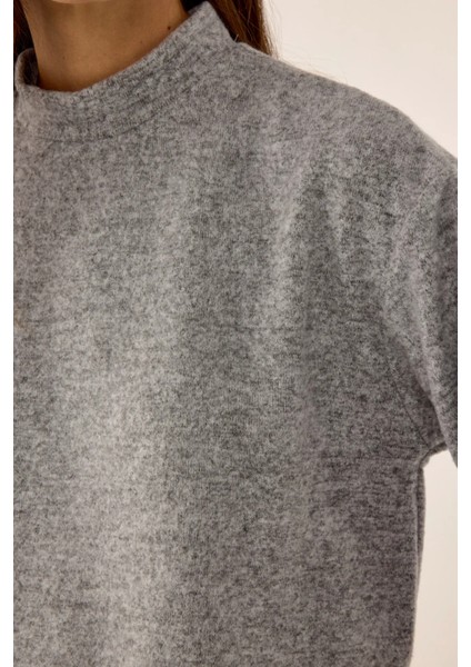 Kadın Relaxed Fit Yarım Yüksek Yaka Kısa Bluz Grey