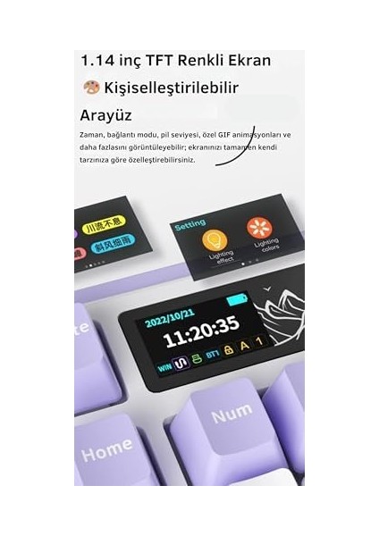 Ajazz AK980 Kablosuz Hot-Swap Tft Ekranlı Mekanik Oyun Klavyesi 8.000 Mah Batarya Pembe - Switch modelleri