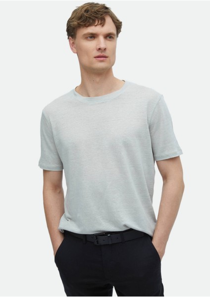 Açık Gri Düz Bisiklet Yaka %100 Keten T-Shirt