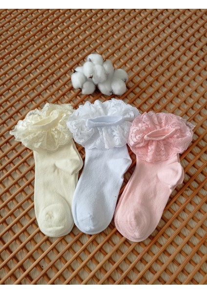 Dantelli Penye Burun Dikişsiz 3'lü Kız Çocuk Çorabı