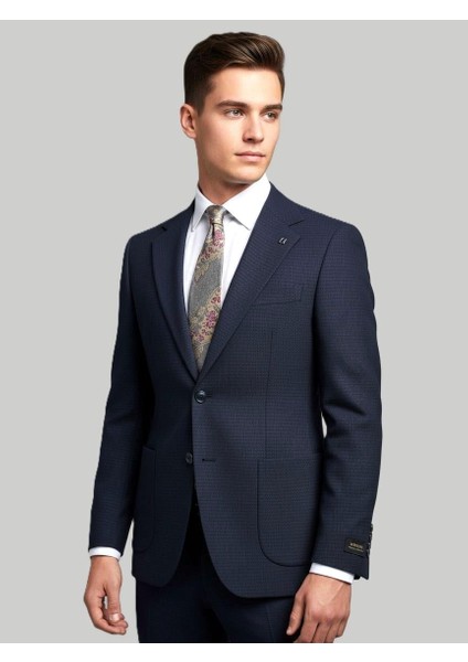 Lacivert Dokulu Modern Fit Ceket