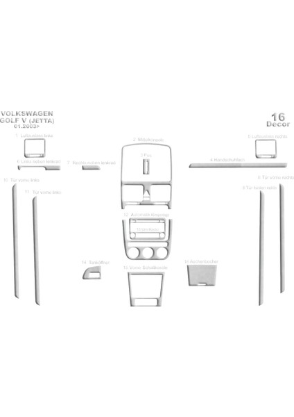 Volkswagen Golf 5 Konsol-Torpido Kaplama Digital Klima 2003-2 Alüminyum