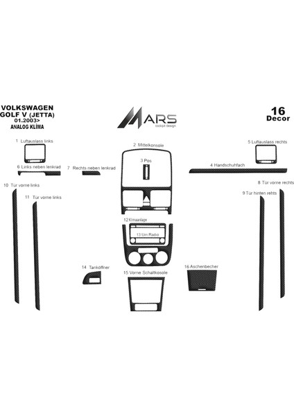 Volkswagen Golf 5 Konsol-Torpido Kaplama Analog Klima 2003-2008 Karbon