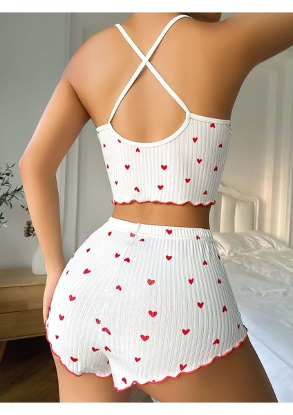 Beyaz Fiyonk Desenli Kalpli Askılı Şortlu Pijama Takım modelleri