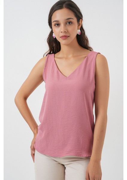 Kadın BDART V Yakalı Bluz Tozlu Gül Pembesi