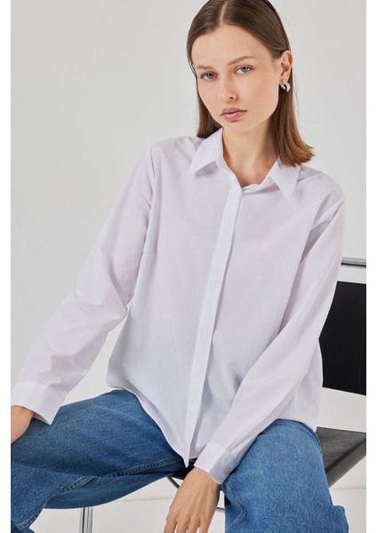 Kadın Bdart Rahat Kesim Poplin Düğmeli Gömlek White
