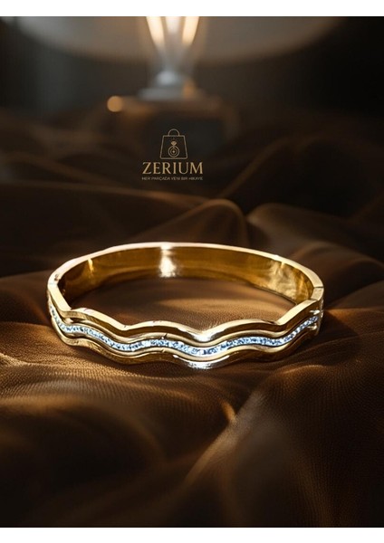 Zigzag Shine: Zirkon Taşlı Modern Kadın Kelepçe Bileklik 316L Çelik