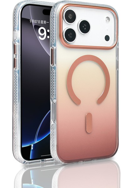 iPhone 17 Pro Max Kılıf M-Safe Şarj Özellikli Transparan Renk Geçişli Frms Toros Kapak - Rose Gold