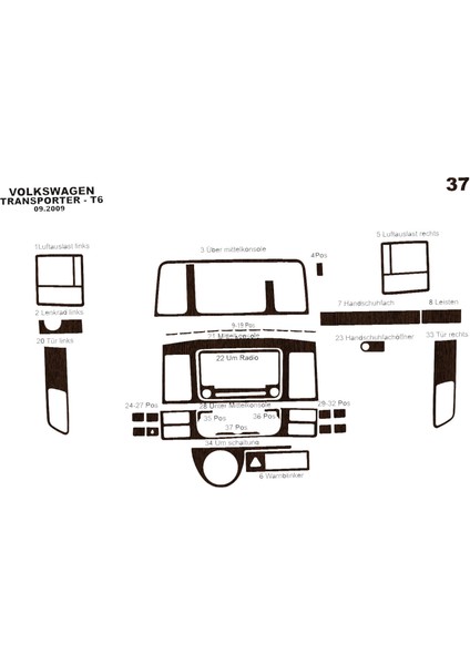 Volkswagen Transporter T6 Piano Black Kaplama 2010-2014 37 Parç Koyu Meşe