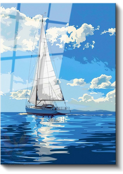 Cam Dikey Duvar Tablosu Cam Deniz ve Yelkenli Ev Ofis Salon Modern Duvar Tablosu