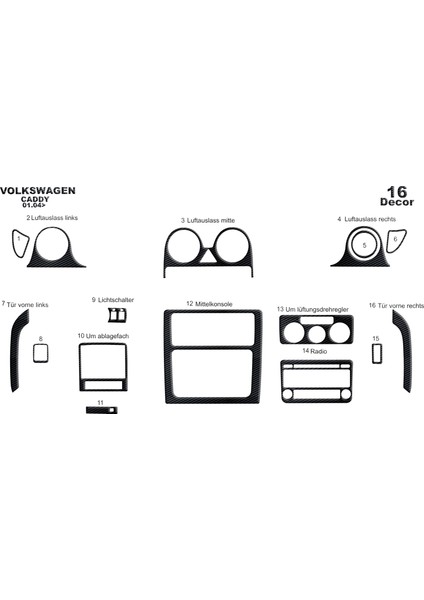 Volkswagen Caddy Konsol-Torpido Kaplama 2004-2009 16 Parça Siyah Karbon