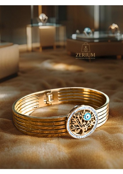Hayat Ağacı Motifli Altın Renk Kaplama 316L Kadın Çelik Bileklik