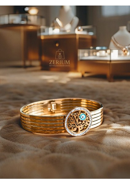 Hayat Ağacı Motifli Altın Renk Kaplama 316L Kadın Çelik Bileklik modelleri
