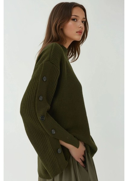 Kadın Düğme ve Yırtmaç Detaylı Selanik Örgü Triko Kazak Green
