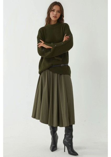 Kadın Düğme ve Yırtmaç Detaylı Selanik Örgü Triko Kazak Green fiyatları