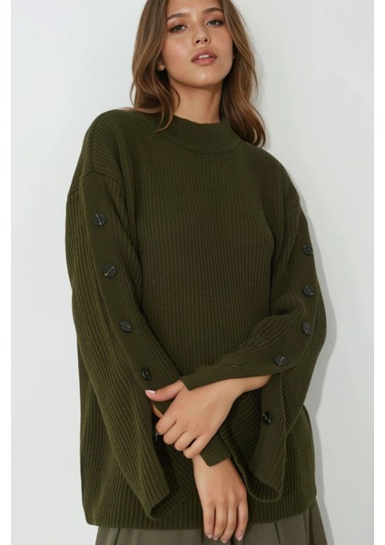 Kadın Düğme ve Yırtmaç Detaylı Selanik Örgü Triko Kazak Green modelleri
