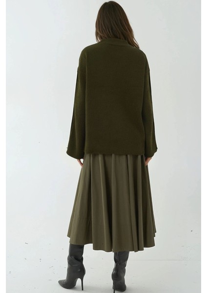 Kadın Düğme ve Yırtmaç Detaylı Selanik Örgü Triko Kazak Green fırsatları