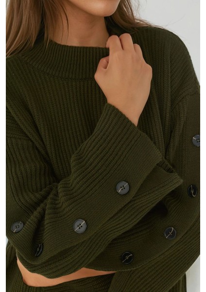 Kadın Düğme ve Yırtmaç Detaylı Selanik Örgü Triko Kazak Green indirimleri